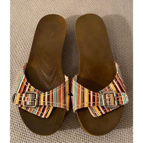 Dr.Scholls 8M Colorful  Striped Slip On Faux Wood Sandals - Picture 2 of 10